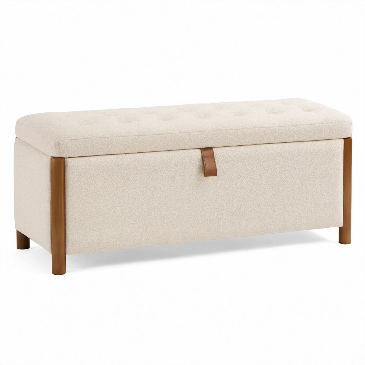 Gepolsterte Sitzbank mit Stauraum, 110 × 40 × 45 cm, Bouclé-Bezug in Creme und braune Holzbeine