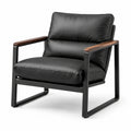 Loungesessel aus schwarzem Kunstleder mit Metallrahmen und Holzarmlehnen, 76 × 82 × 82 cm