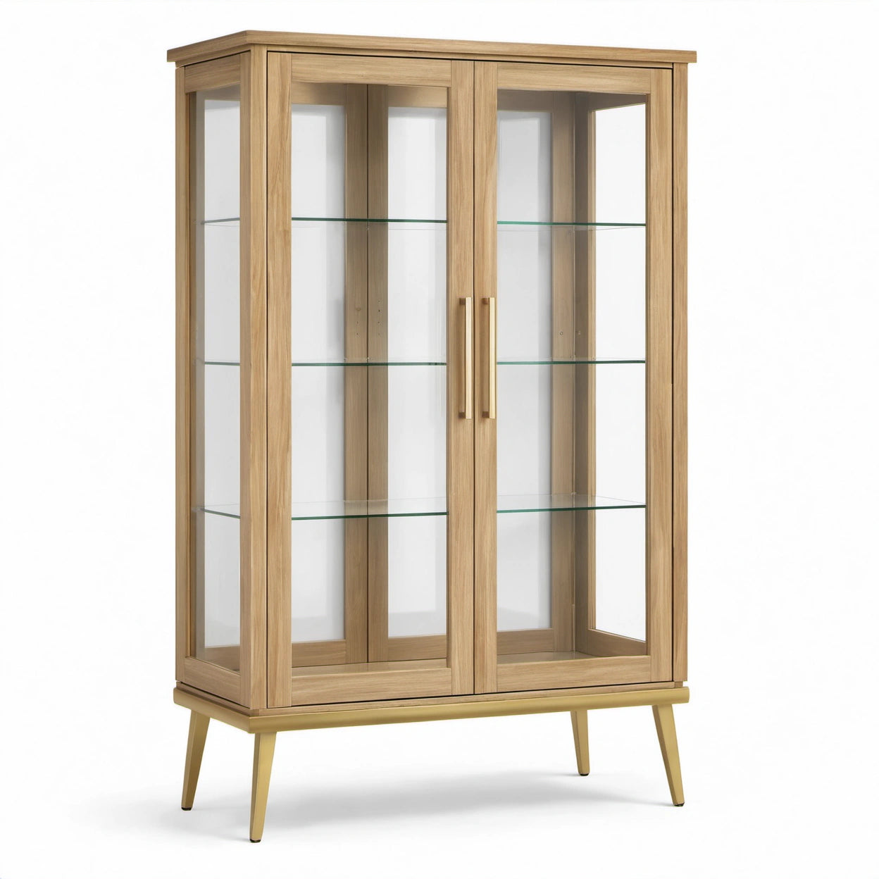 Freistehende Vitrine mit 2 Glastüren und 3 Glasböden, Natur/Messingfarben/Transparent, 100 × 40 × 160 cm