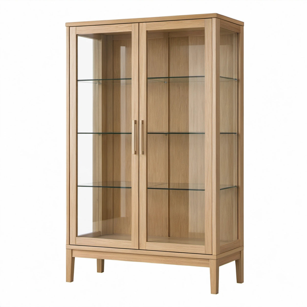 Moderner Vitrinenschrank in Naturholz, 100 × 40 × 180 cm, mit 2 Glastüren und 3 Glasböden
