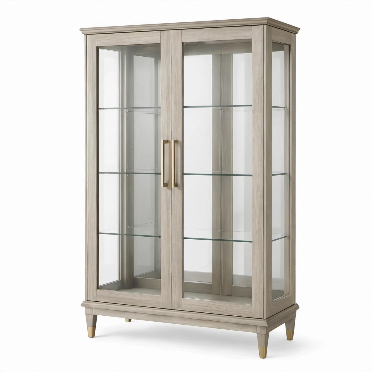 Vitrinenschrank mit 2 Glastüren und 3 Glasböden, Grau/Transparent/Goldfarben, 100 × 40 × 180 cm