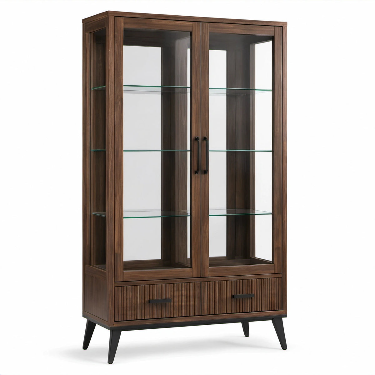 Vitrinenschrank 100 × 40 × 180 cm in Braun mit 2 Glastüren, 3 Glasböden und 2 Schubladen