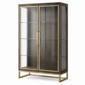 Moderne Vitrine aus Holzwerkstoff, Glas und Metall, 100 × 40 × 180 cm, Dunkelbraun/Gold/Transparent, mit 2 Glastüren und 3 Glasböden