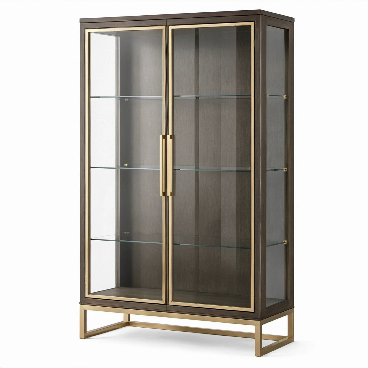 Moderne Vitrine aus Holzwerkstoff, Glas und Metall, 100 × 40 × 180 cm, Dunkelbraun/Gold/Transparent, mit 2 Glastüren und 3 Glasböden