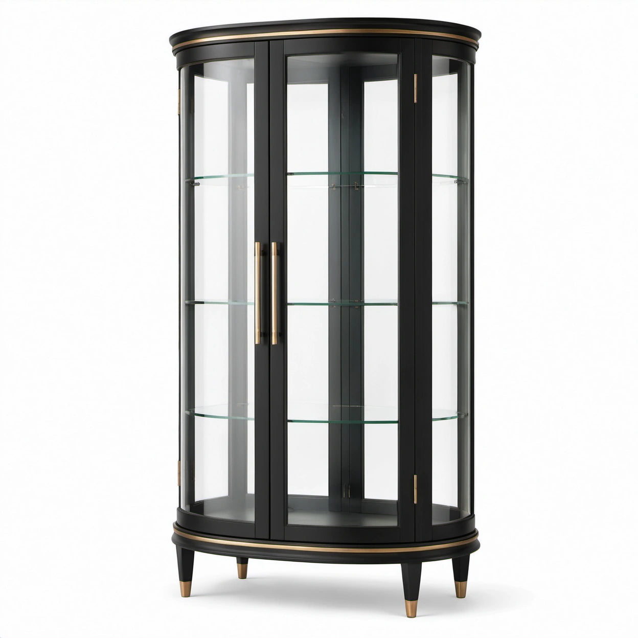Klassische Vitrine mit 3 Glasböden und 2 Glastüren, Schwarz/Goldfarben/Transparent, 100 × 45 × 190 cm