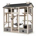 Katzengehege aus Holz und Metallgitter mit Schutzdach, Kletterplattformen und Katzenhäusern, 200 × 100 × 200 cm, Beige/Grau/Schwarz