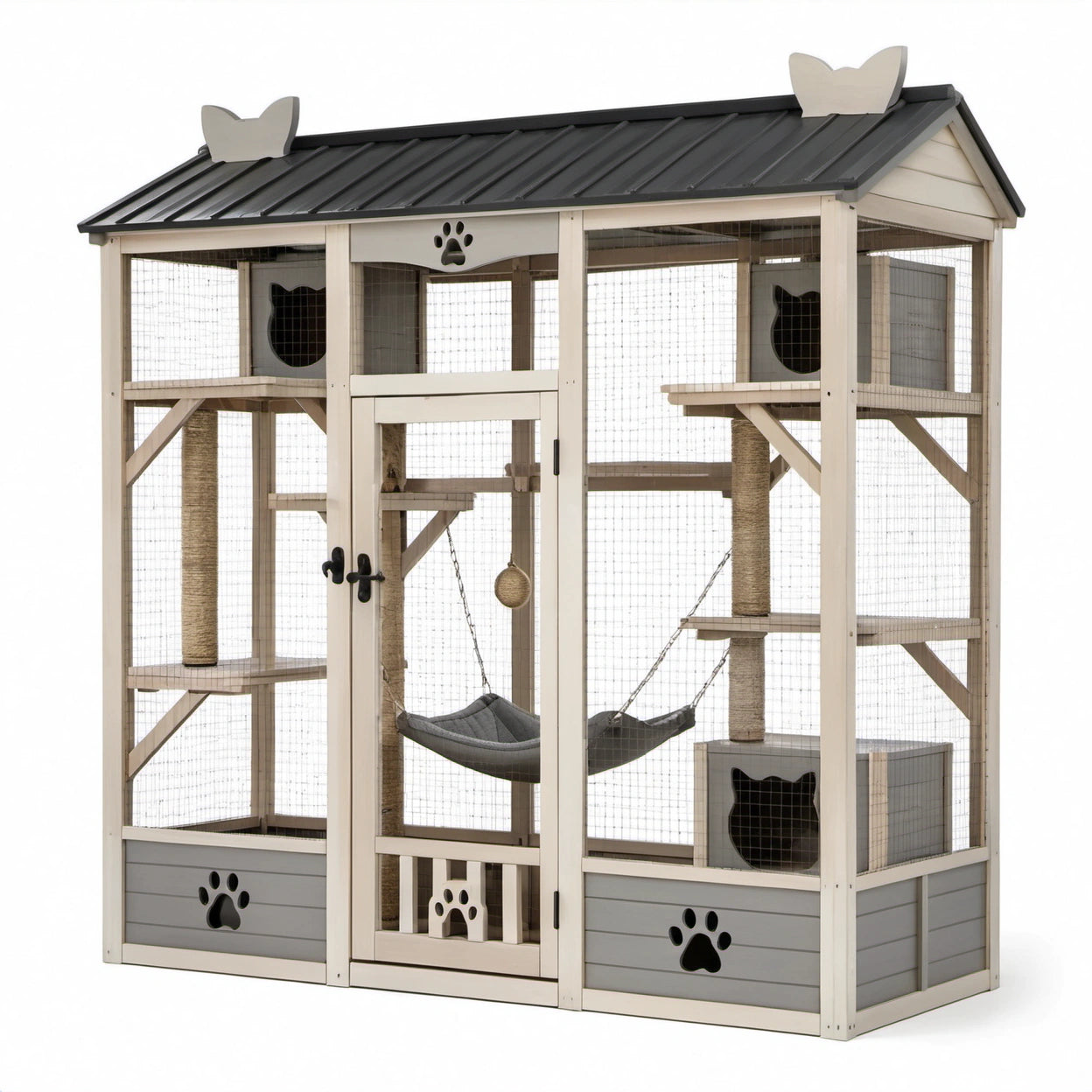 Katzengehege aus Holz und Metallgitter mit Schutzdach, Kletterplattformen und Katzenhäusern, 200 × 100 × 200 cm, Beige/Grau/Schwarz
