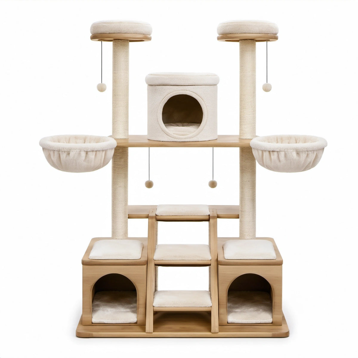 Kratzbaum aus Holzwerkstoff mit Sisal und Plüsch, Natur/Creme, 175 × 60 × 190 cm, mit 3 Katzenhöhlen, 2 Hängematten, Treppe und Liegeflächen