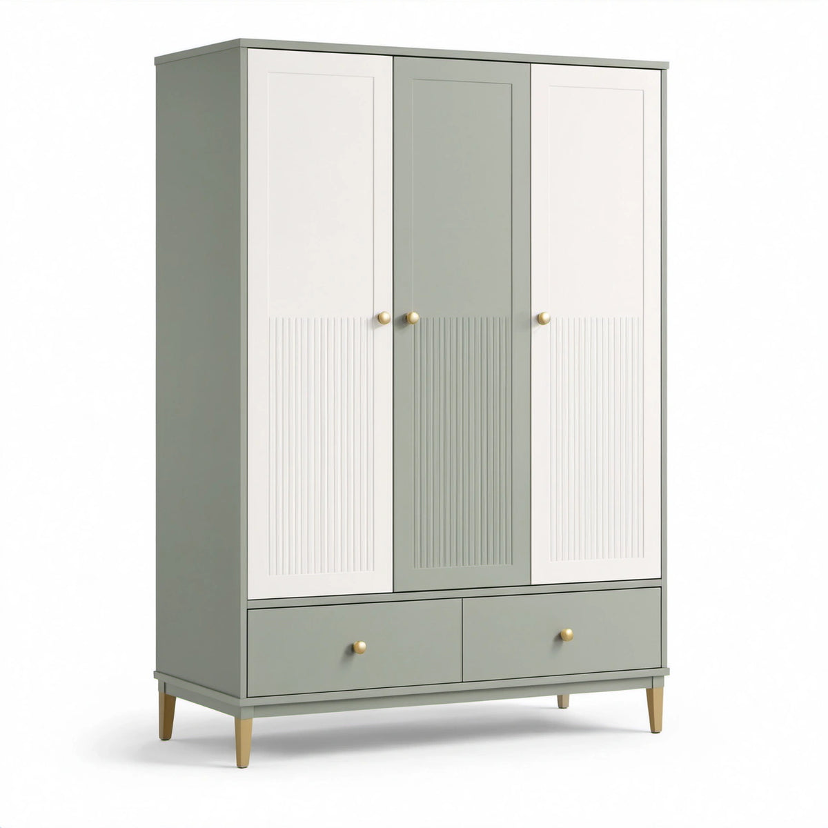 Kleiderschrank mit 3 Türen und 2 Schubladen, Salbeigrün/Weiß/Gold, 120 × 55 × 190 cm
