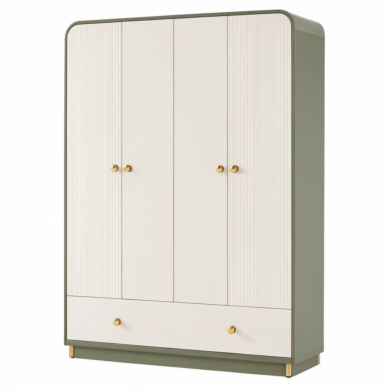 Kleiderschrank mit 4 Türen und 1 Schublade, Cremeweiß/Salbeigrün/Gold, 160 × 55 × 200 cm