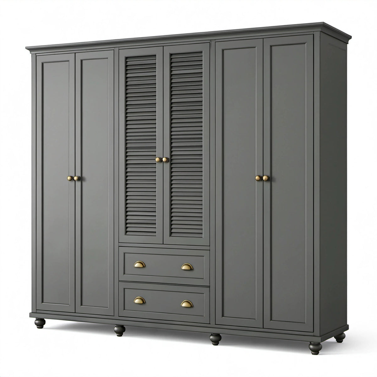 Kleiderschrank mit 6 Türen und 2 Schubladen, 240 × 60 × 220 cm, Anthrazit mit messingfarbenen Griffen, Landhausstil