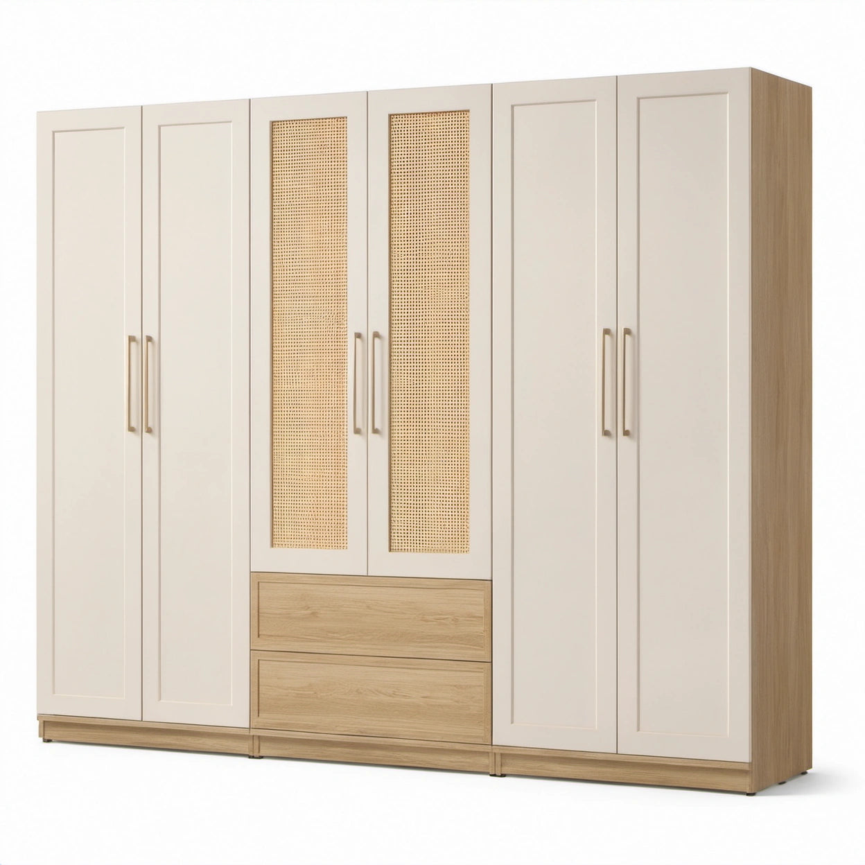 Kleiderschrank mit 6 Türen und 2 Schubladen, 300 × 52 × 220 cm, Creme und Natureiche mit Rattanoptik