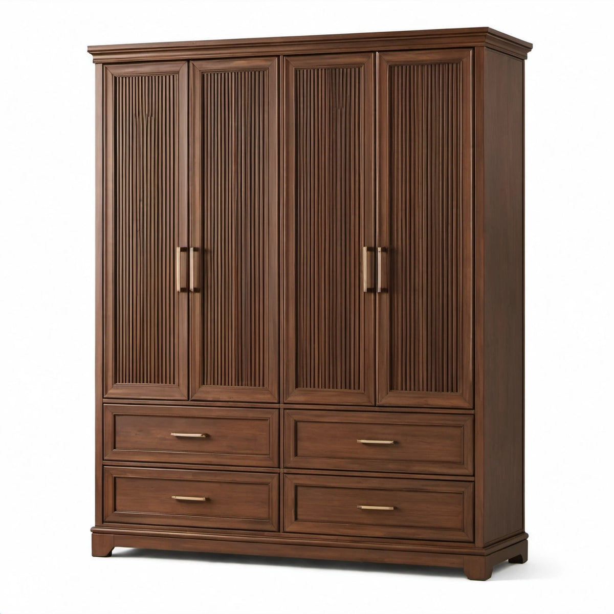 Kleiderschrank mit 4 Türen und 4 Schubladen, 180 × 60 × 220 cm, Braun mit messingfarbenen Griffen