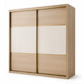 Moderner Kleiderschrank mit 2 Schiebetüren, 200 × 60 × 220 cm, Eiche/Beige/Goldfarben