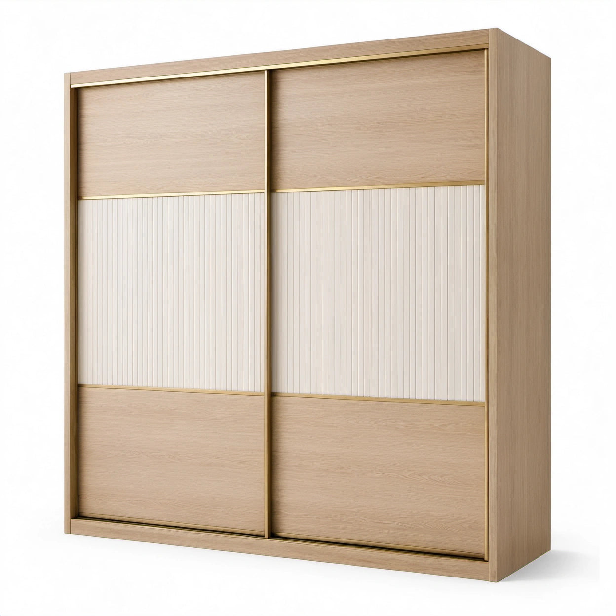 Moderner Kleiderschrank mit 2 Schiebetüren, 200 × 60 × 220 cm, Eiche/Beige/Goldfarben