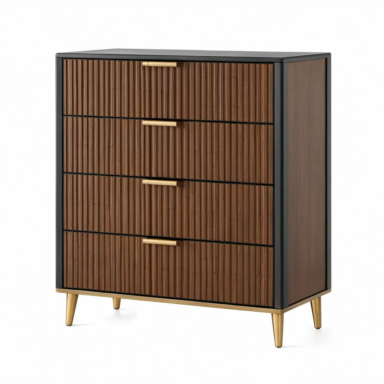 Schubladenkommode mit 4 Schubladen und geriffelten Fronten, 80 × 40 × 100 cm, Braun/Schwarz/Gold