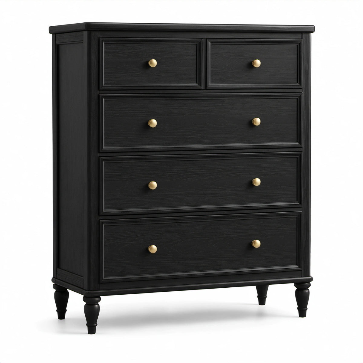 Hohe Holzkommode mit 5 Schubladen, Schwarz/Messingfarben, 90 × 45 × 115 cm