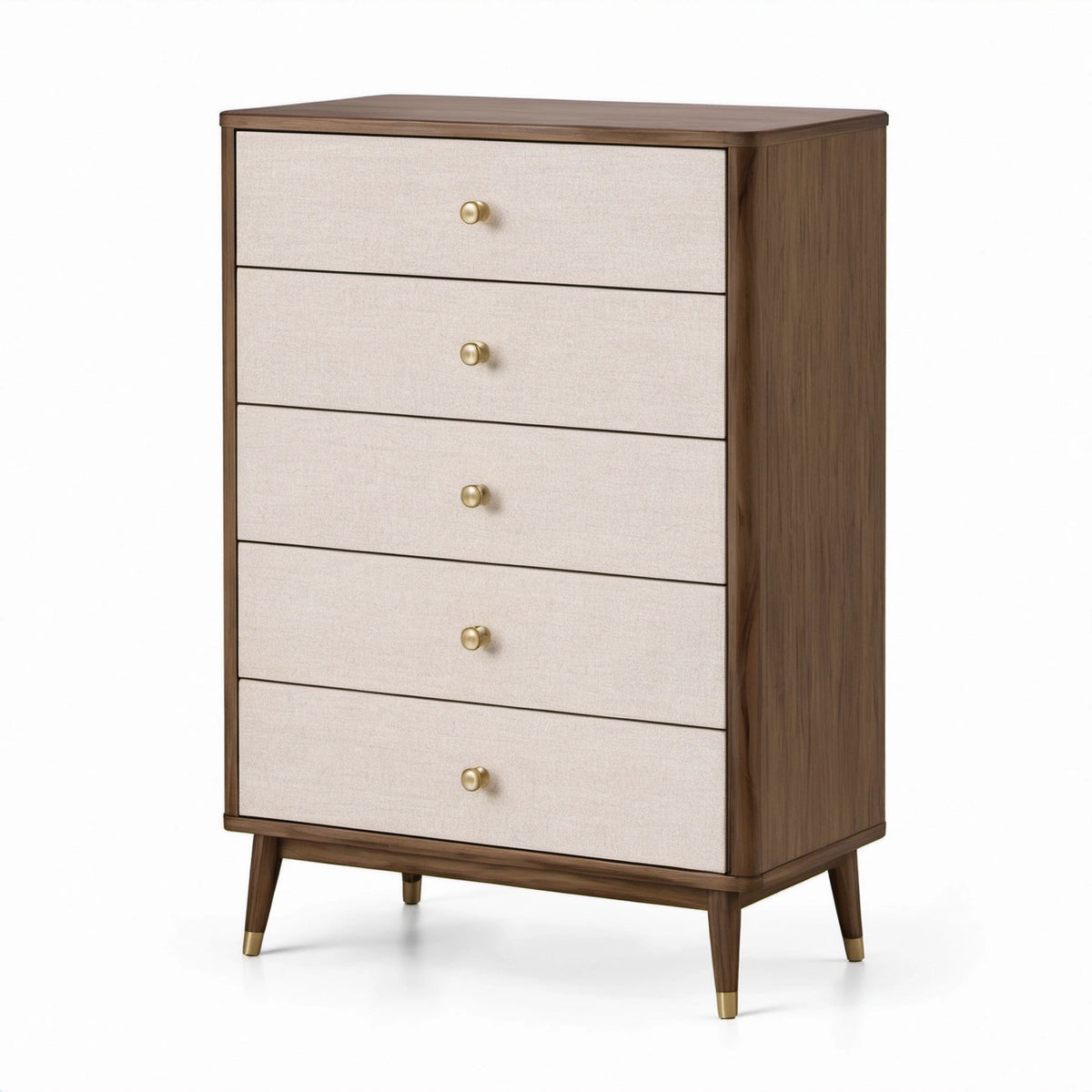 Hohe Kommode mit 5 Schubladen, 80 × 40 × 120 cm, Braun/Beige/Gold, Mid-Century-Stil