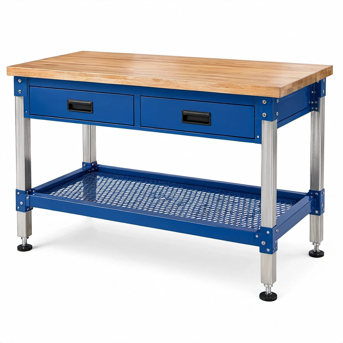 Stahl-Holz-Werkbank mit 2 Schubladen und Gitterablage, 120 × 60 × 90 cm, Blau/Natur/Silber/Schwarz