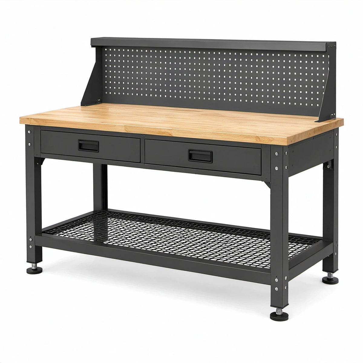 Werkbank aus Stahl und Holz mit Lochwand, 2 Schubladen und Ablage, 120 × 60 × 150 cm, Schwarz/Natur