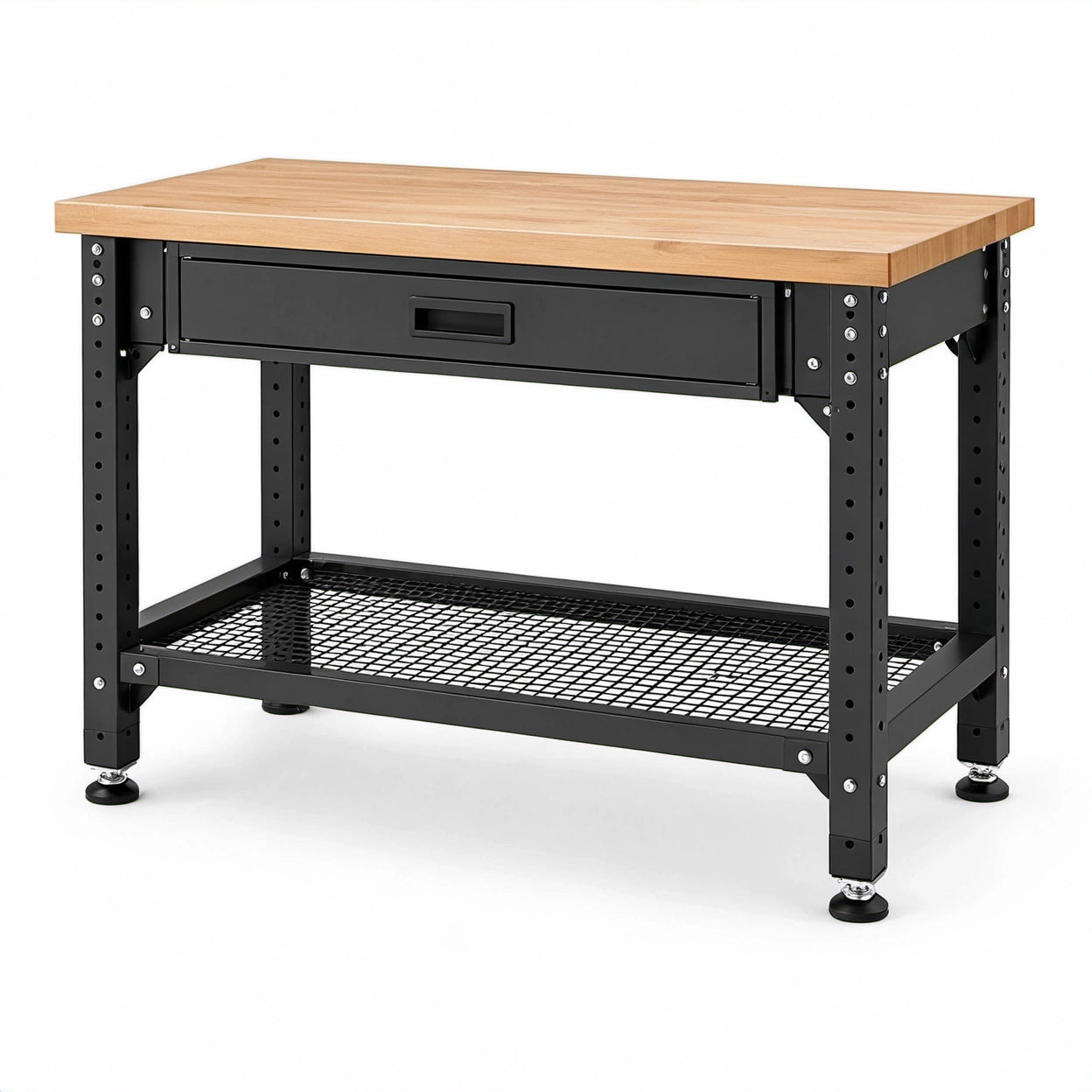 Robuste Werkbank aus Massivholz und Stahl mit Schublade und Gitterablage, 120 × 60 × 90 cm, Natur/Schwarz