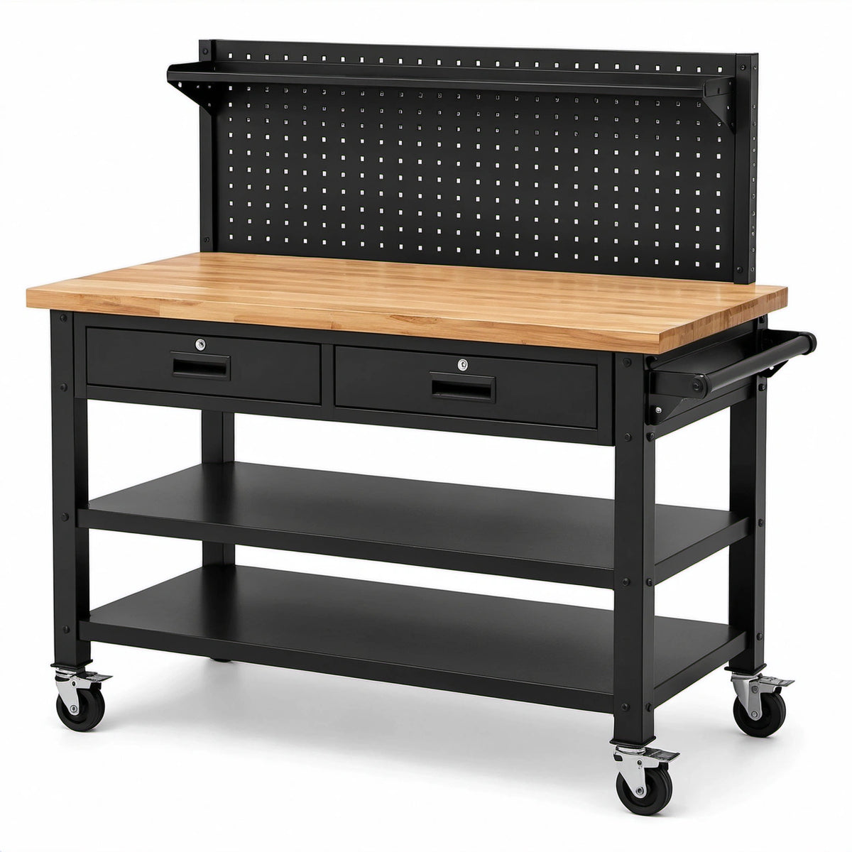 Mobile Werkbank 120 × 60 × 145 cm, Schwarz/Natur, mit Lochwand, 2 Schubladen, 3 Ablagen und Rollen