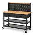 Mobile Werkbank aus Stahl und Bambus, 120 × 60 × 155 cm, Schwarz/Natur, mit Lochwand, 2 Schubladen, 2 Gitterablagen und 4 Rollen