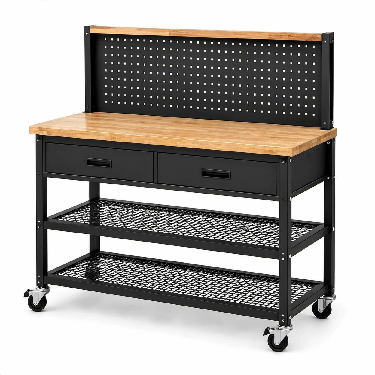 Mobile Werkbank aus Stahl und Bambus, 120 × 60 × 155 cm, Schwarz/Natur, mit Lochwand, 2 Schubladen, 2 Gitterablagen und 4 Rollen