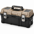 Tragbarer Werkzeugkoffer mit Deckelfächern und Metallverschlüssen, 55 × 28 × 28 cm, Schwarz/Beige