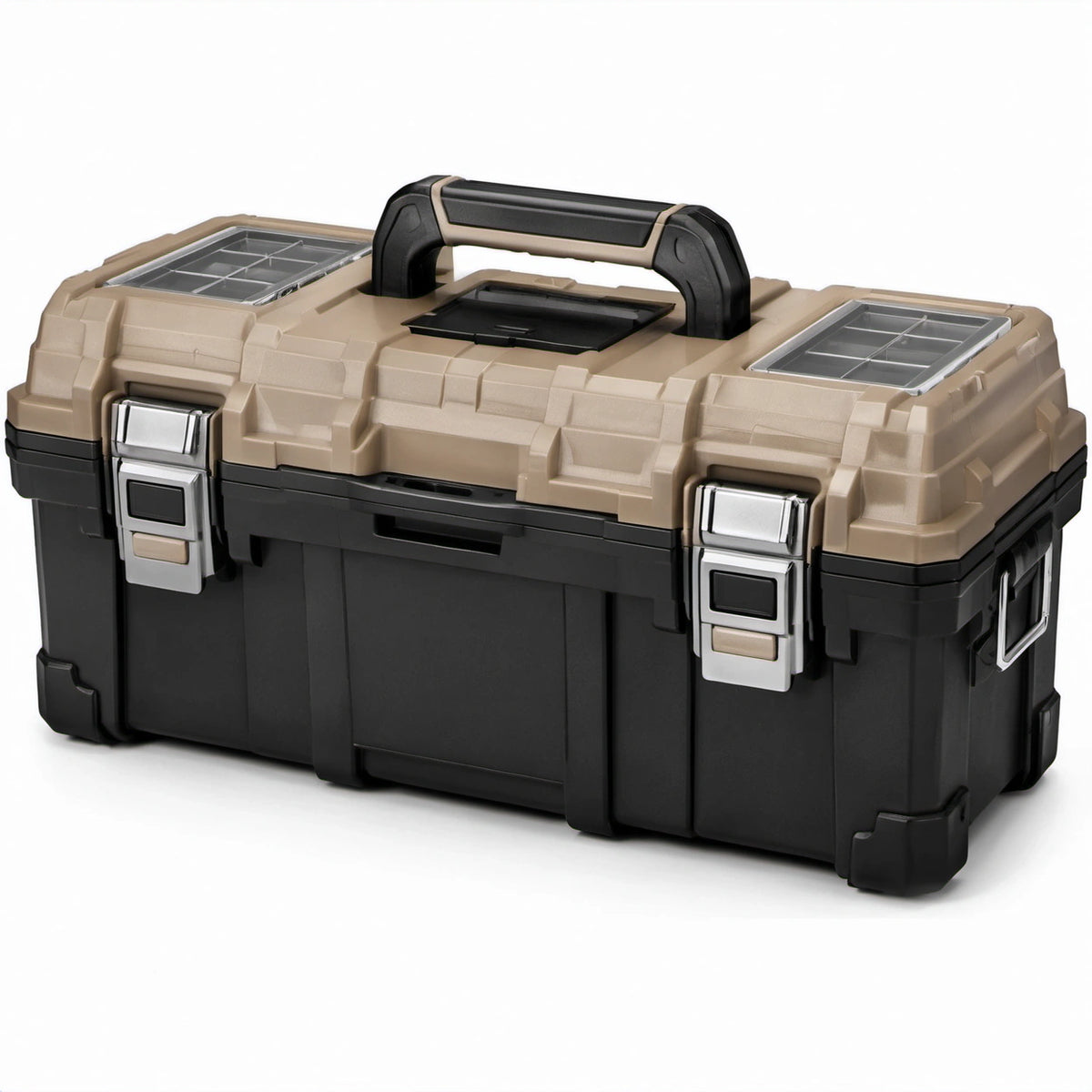 Tragbarer Werkzeugkoffer mit Deckelfächern und Metallverschlüssen, 55 × 28 × 28 cm, Schwarz/Beige