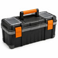 Robuster Werkzeugkoffer aus Kunststoff mit Deckelfächern und Tragegriff, 55 × 27 × 28 cm, Schwarz/Grau/Orange/Transparent
