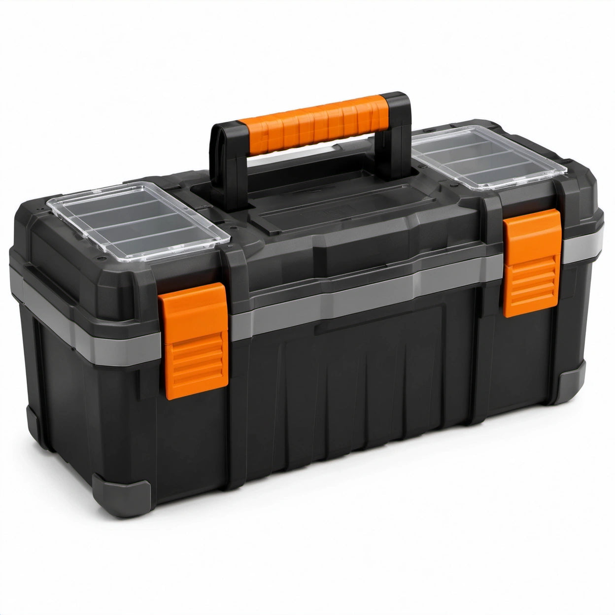 Robuster Werkzeugkoffer aus Kunststoff mit Deckelfächern und Tragegriff, 55 × 27 × 28 cm, Schwarz/Grau/Orange/Transparent