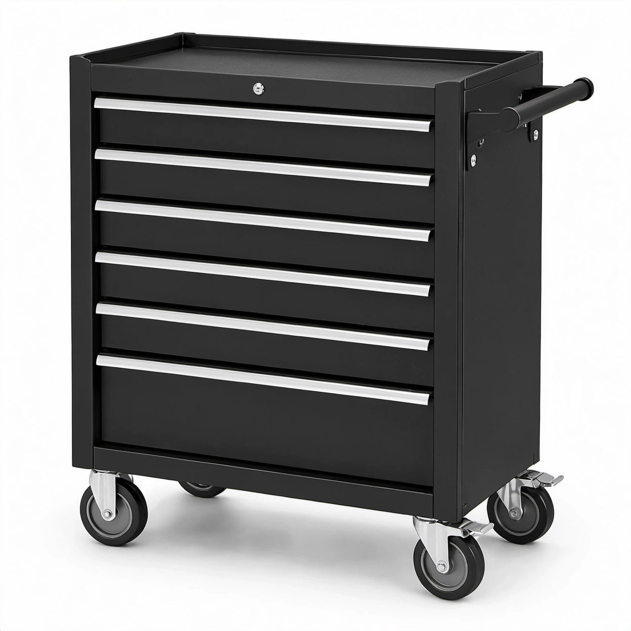 Abschließbarer Werkzeugwagen aus Stahl mit 6 Schubladen und Rollen, Schwarz/Silber, 69 × 33 × 75 cm