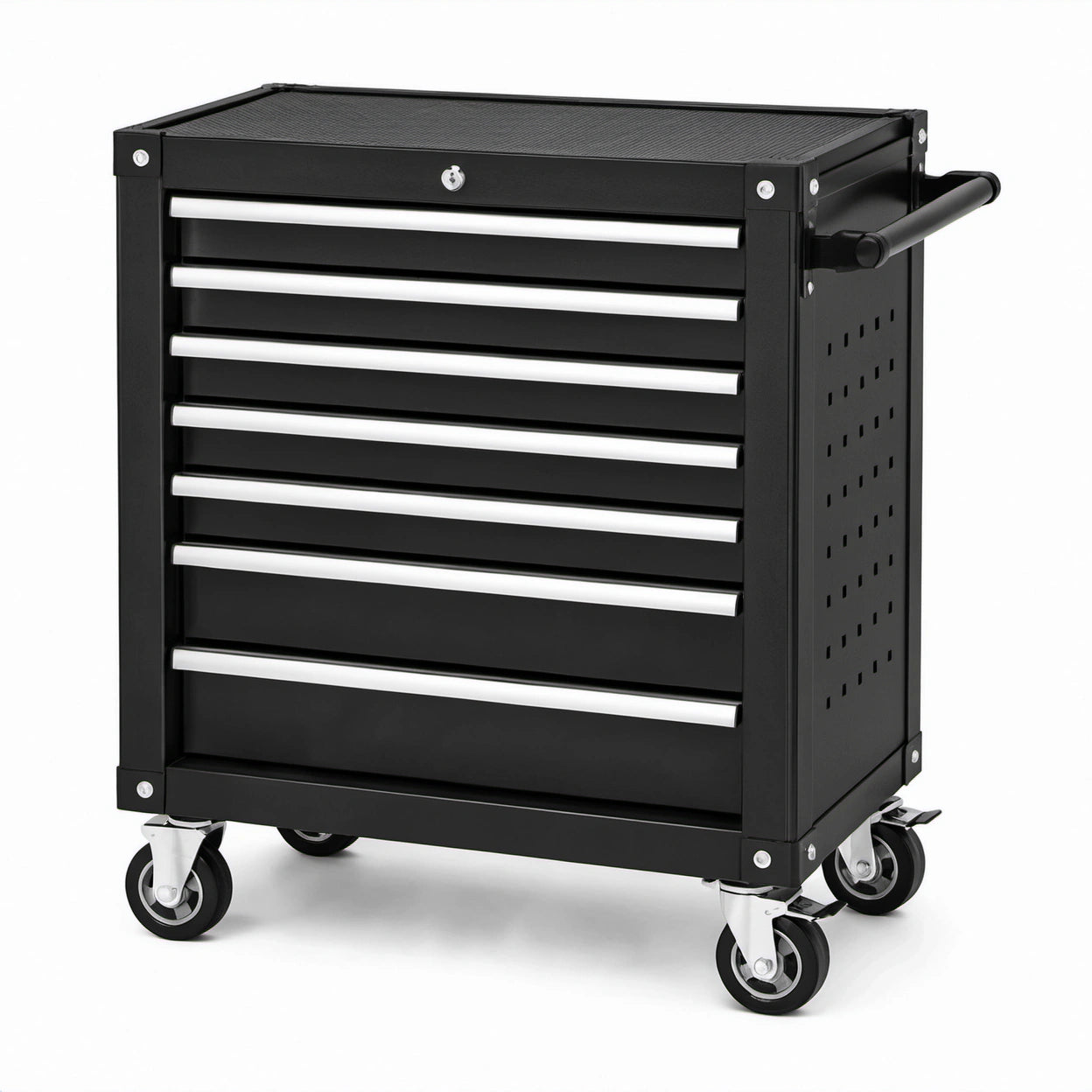 Mobiler Werkzeugwagen aus Stahl mit 7 Schubladen, 69 × 33 × 77 cm, Schwarz/Silber