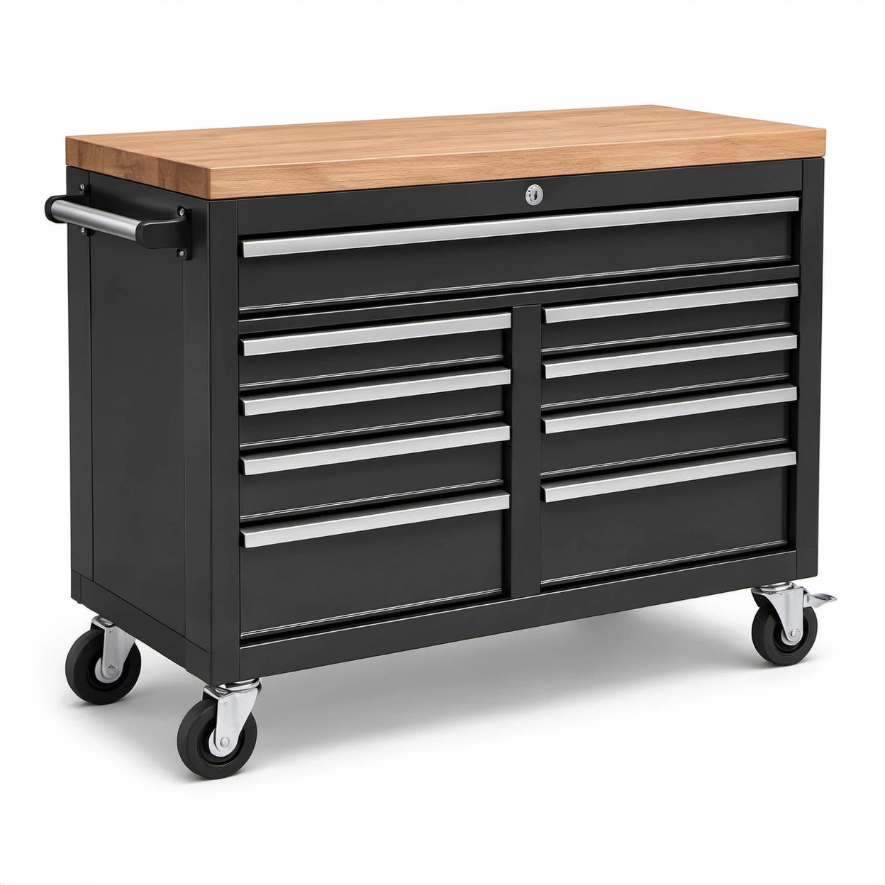 Werkzeugwagen aus Stahl mit Holzarbeitsplatte, Schwarz/Silber/Natur, 110 × 50 × 95 cm, 9 abschließbare Schubladen und 4 Lenkrollen