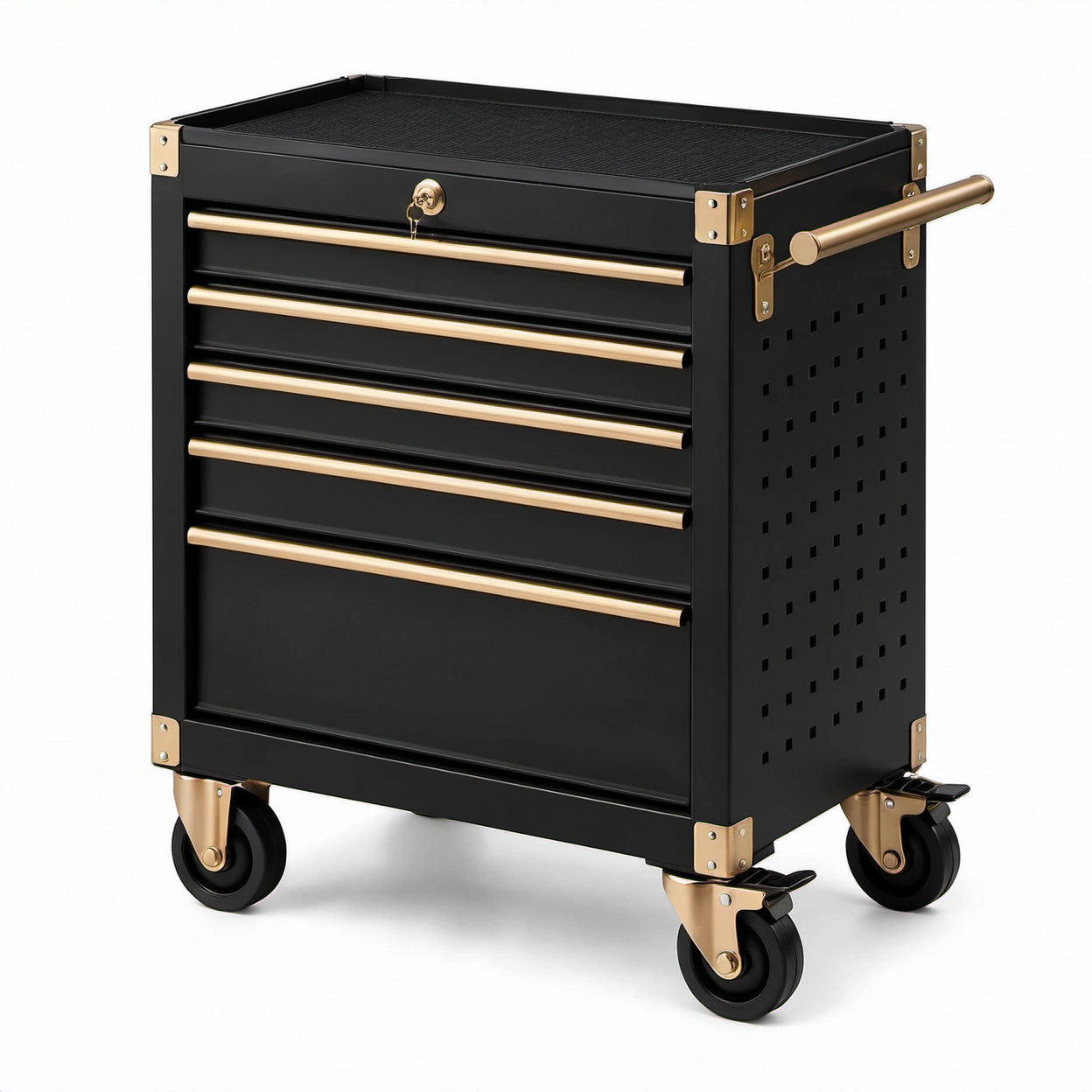 Mobiler Werkzeugwagen aus Stahl mit 5 Schubladen und Rollen, 79 × 48 × 88 cm, Schwarz/Gold