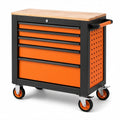 Werkzeugwagen aus Stahl mit 6 Schubladen, Holzarbeitsplatte und Zentralverriegelung, rollbar, 77 × 46 × 92 cm, Schwarz/Orange/Natur