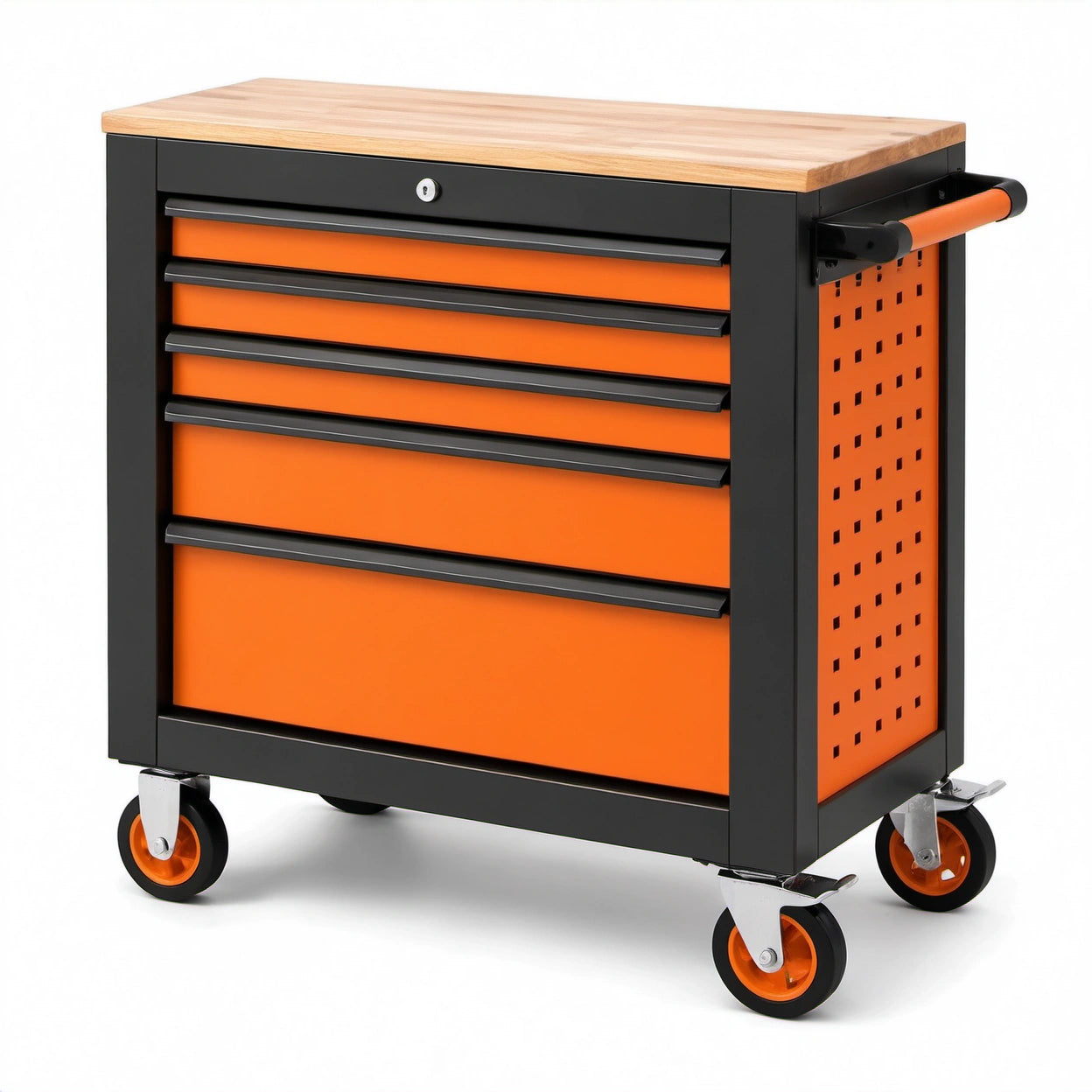 Werkzeugwagen aus Stahl mit 6 Schubladen, Holzarbeitsplatte und Zentralverriegelung, rollbar, 77 × 46 × 92 cm, Schwarz/Orange/Natur